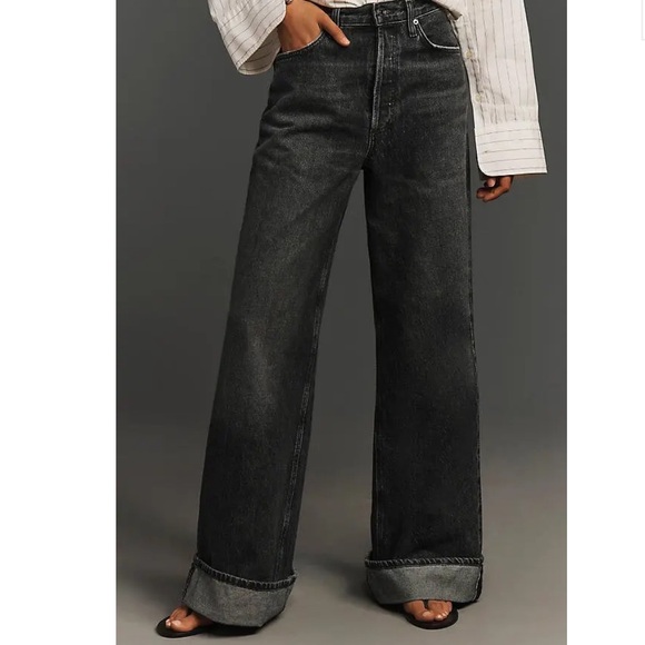 ANTHROPOLOGIE AGOLDE Dame High Rise Cuffed Wide Leg Jeans Carbon Size 32 NEW - Picture 3 of 15